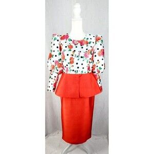 New Womens Sz 6 2pc Skirt Set Jacket Red White Floral Formal Church Wedding